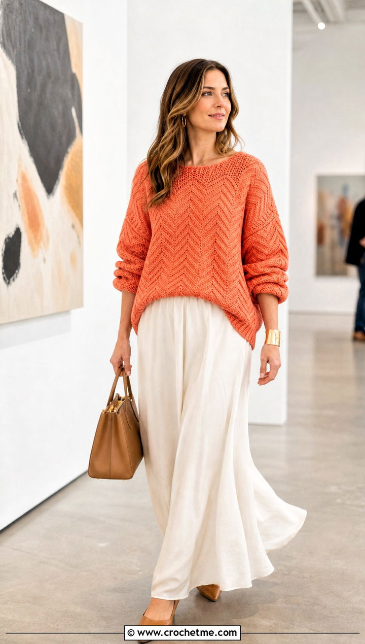 Drop Shoulder Ripple Stitch Sweater With Maxi Skirt - 25 Crochet Ripple Stitch Sweater outfit ideas