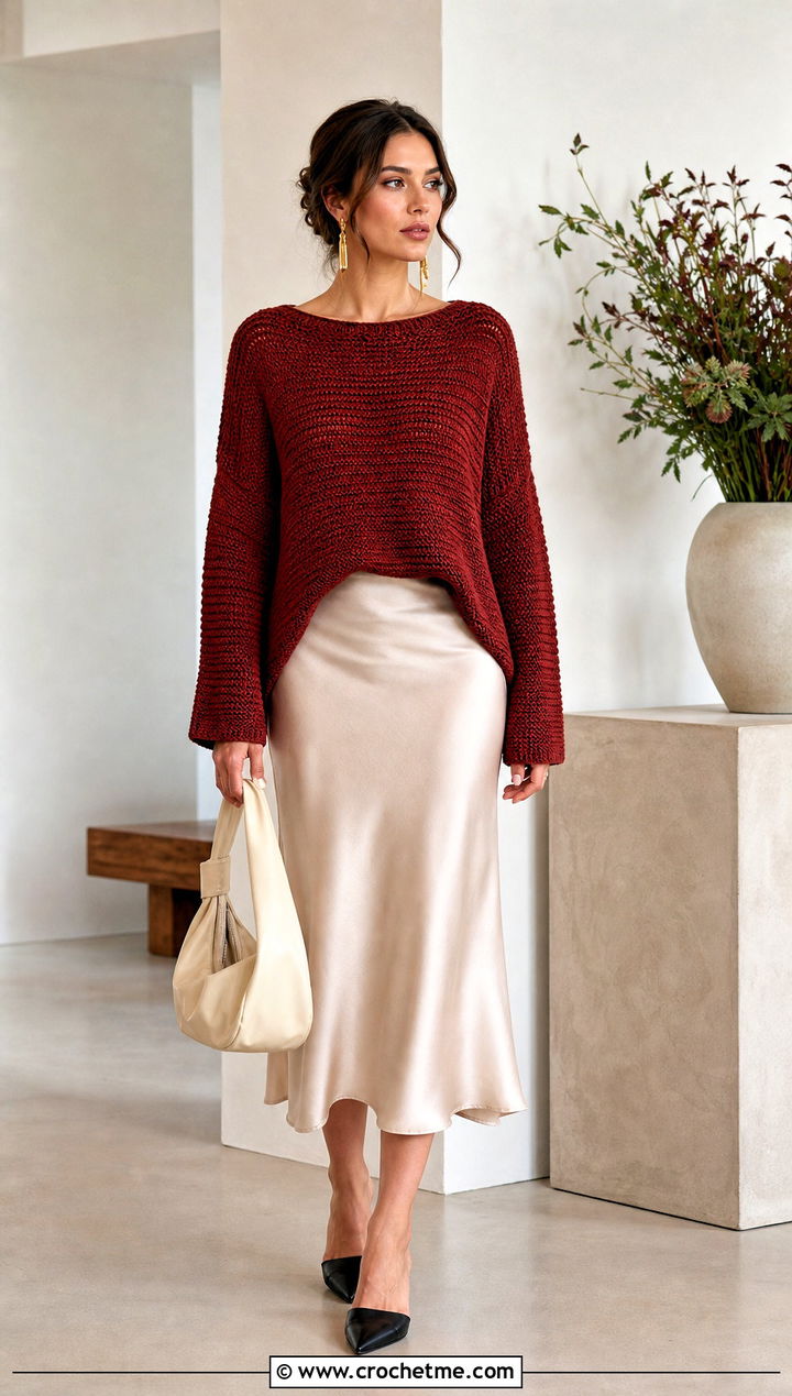 Drop Shoulder Seamless Crochet Sweater With Bias Cut Skirt - 25 Seamless Crochet Sweater outfit ideas