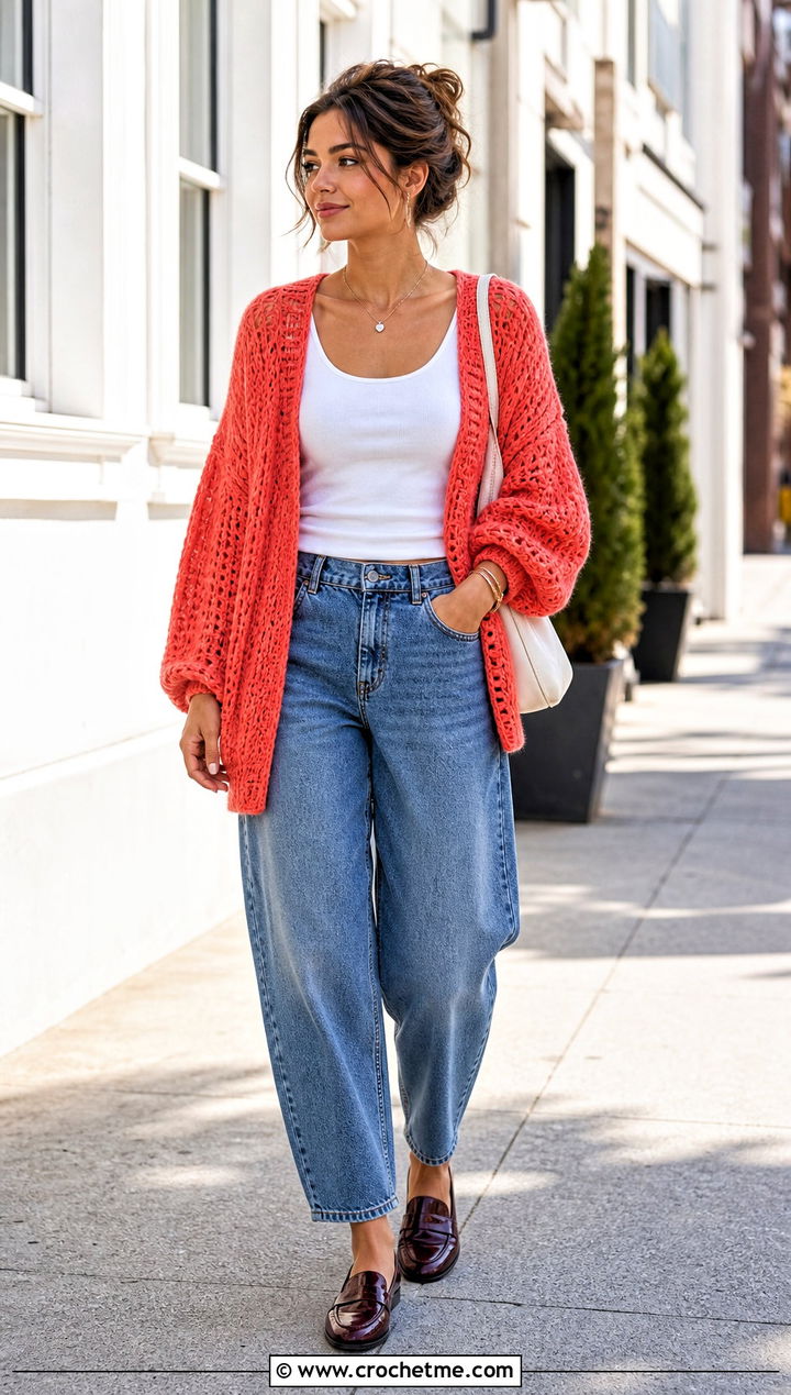 Drop Shoulder Slouchy Crochet Cardigan With Barrel Jeans - 25 Slouchy Crochet Cardigan outfit ideas