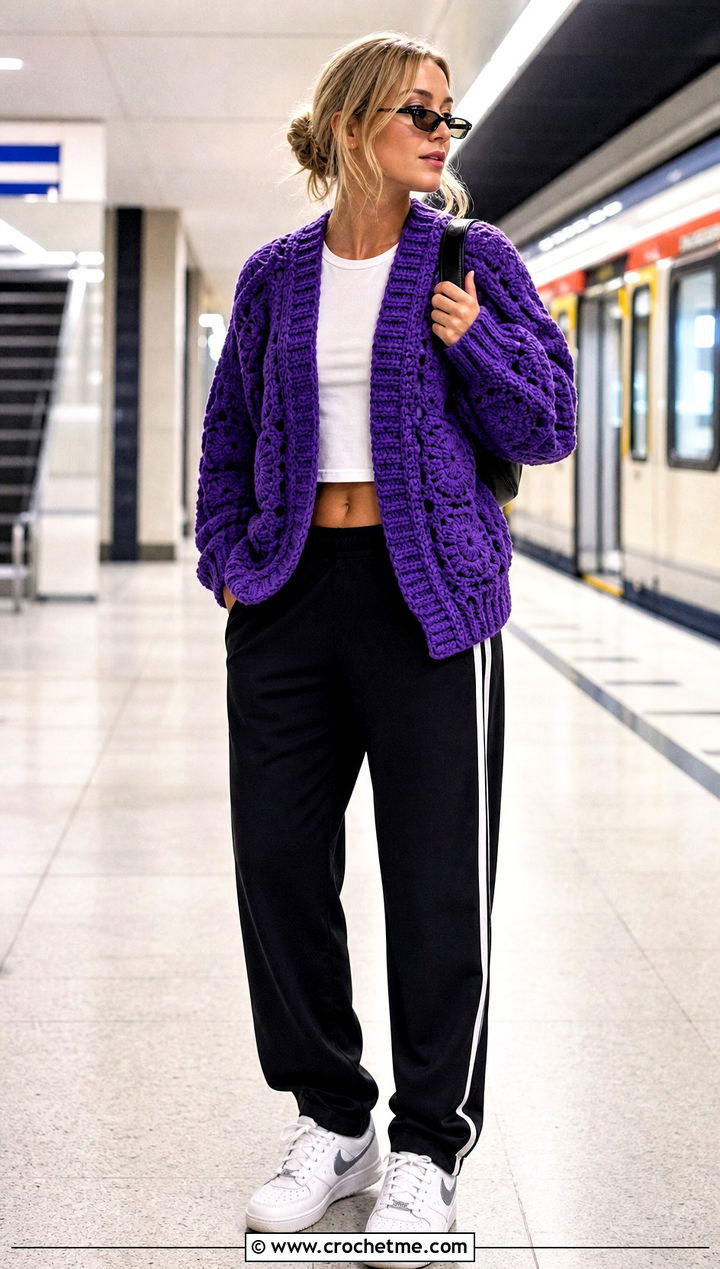 Drop Shoulder Solid Granny Square Cardigan With Track Pants - 20 Crochet Solid Granny Square Cardigan outfit ideas