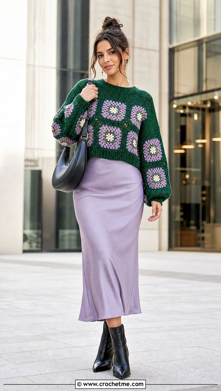 Drop Shoulder Square Jumper With Bias Cut Skirt - 30 crochet square jumper outfit ideas