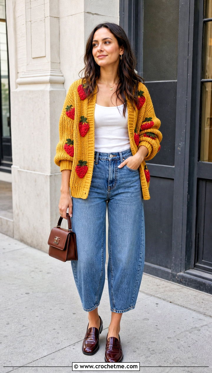 Drop Shoulder Strawberry Cardigan With Barrel Jeans - 35 crochet strawberry cardigan outfit ideas