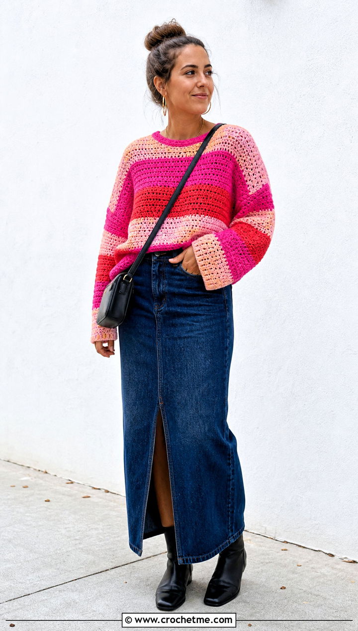 Drop Shoulder Striped Crochet Sweater With Denim Maxi Skirt - 30 striped crochet sweater outfit ideas
