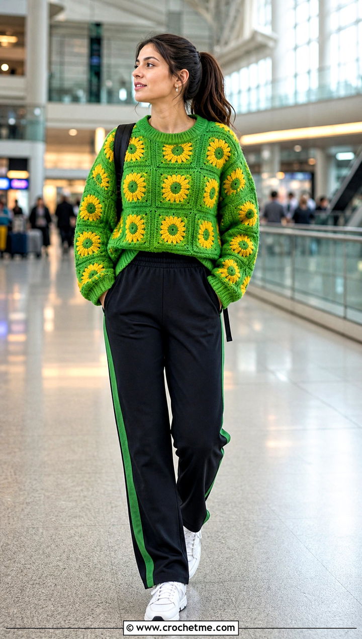 Drop Shoulder Sunflower Granny Square Pullover Sweater With Track Pants - 15 Sunflower Granny Square Pullover Sweater outfit ideas