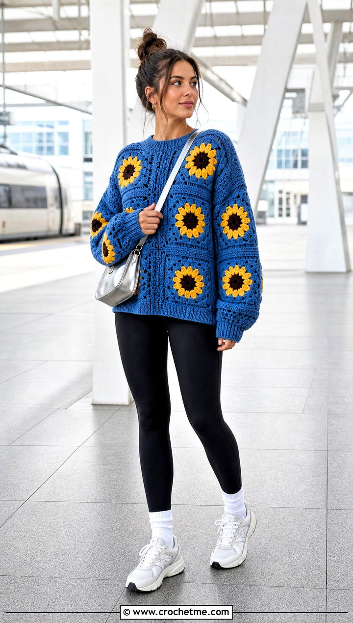 Drop Shoulder Sunflower Granny Square Sweater With Leggings - 30 sunflower granny square sweater outfit ideas