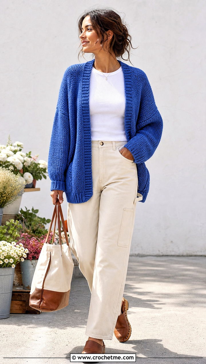 Drop Shoulder Tunisian Cardigan With Carpenter Jeans - 35 tunisian crochet cardigan outfit ideas