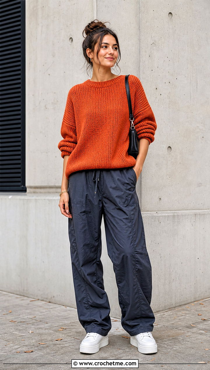 Drop Shoulder Tunisian Sweater With Parachute Pants - 35 tunisian crochet sweater outfit ideas