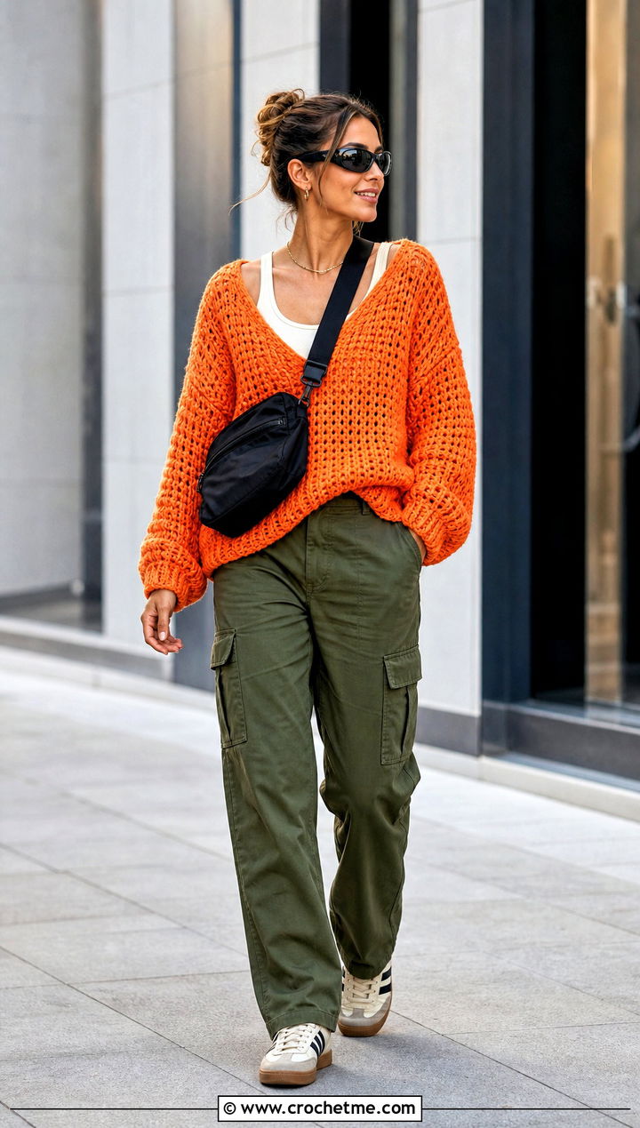 Drop Shoulder V Neck Crochet Sweater With Cargo Pants - 35 v neck crochet sweater outfit ideas