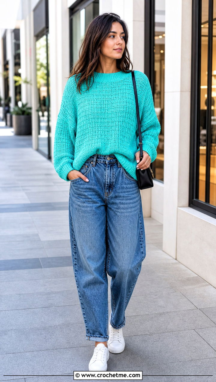 Drop Shoulder Waffle Stitch Crochet Sweater With Barrel Jeans - 30 waffle stitch crochet sweater outfit ideas