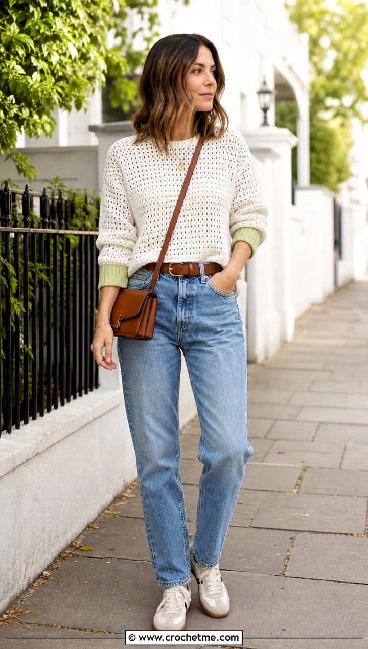 Drop Shoulder White Crochet Sweater With Relaxed Jeans - 35 crochet white sweater outfit ideas