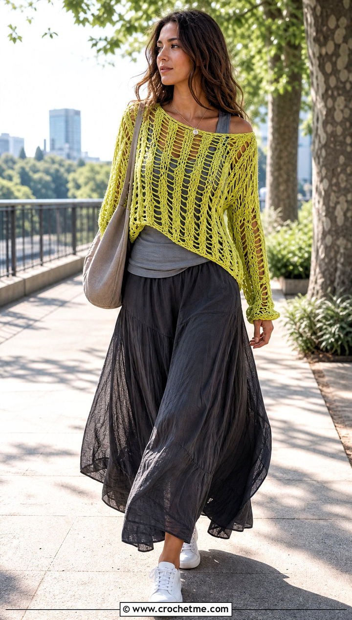 Drop Stitch Distressed Crochet Pullover With Maxi Skirt - 35 Distressed Crochet Top outfit ideas