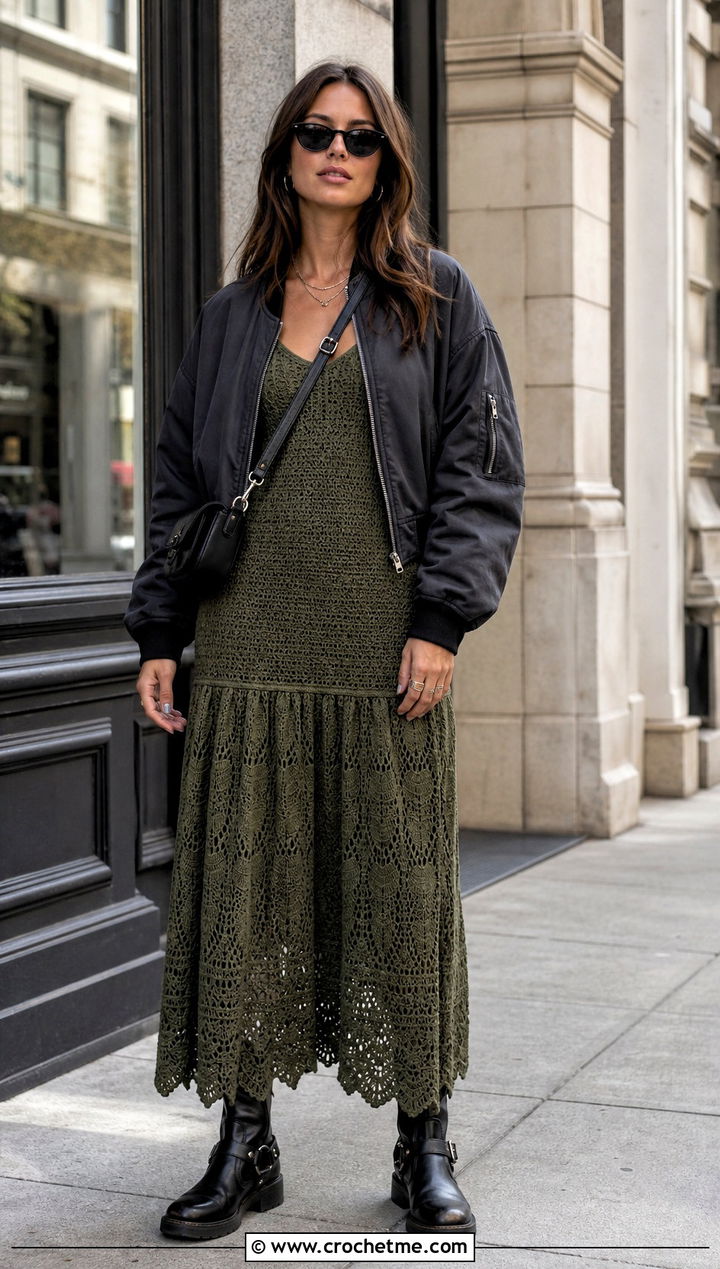 Drop Waist Crochet Boho Midi Dress With Moto Boots - 30 crochet boho dress outfit ideas