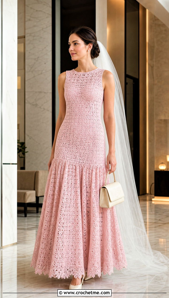 Drop Waist Crochet Bridal Dress With Satin Pumps - 30 crochet bridal dress outfit ideas