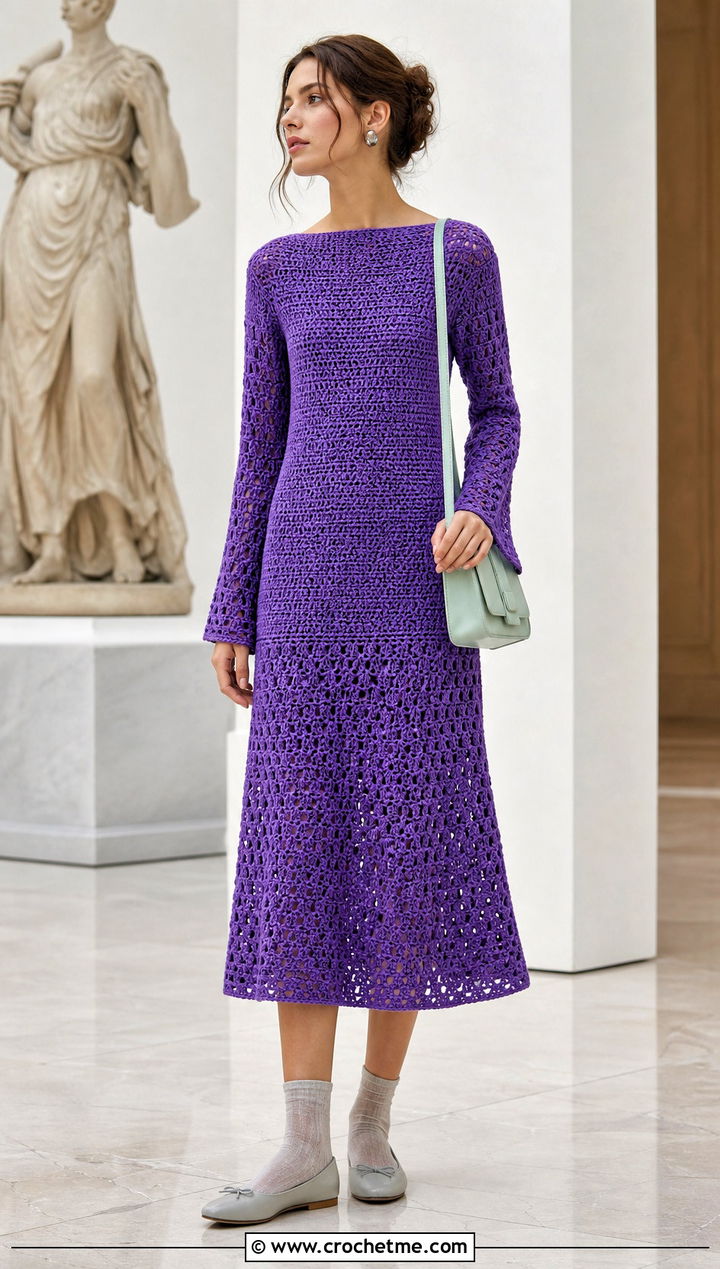 Drop Waist Crochet Dress With Ballet Flats - 35 long sleeve crochet dress outfit ideas