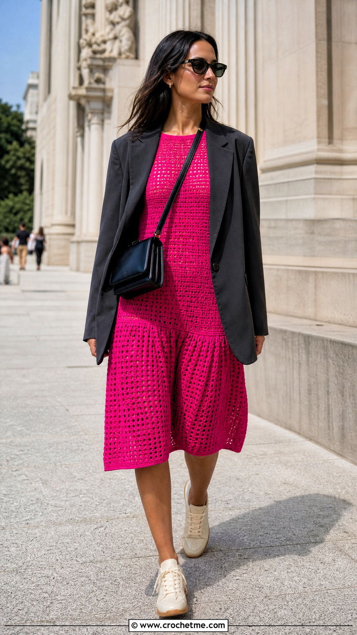 Drop Waist Crochet Dress With Blazer And Retro Sneakers - 35 crochet dress outfits ideas