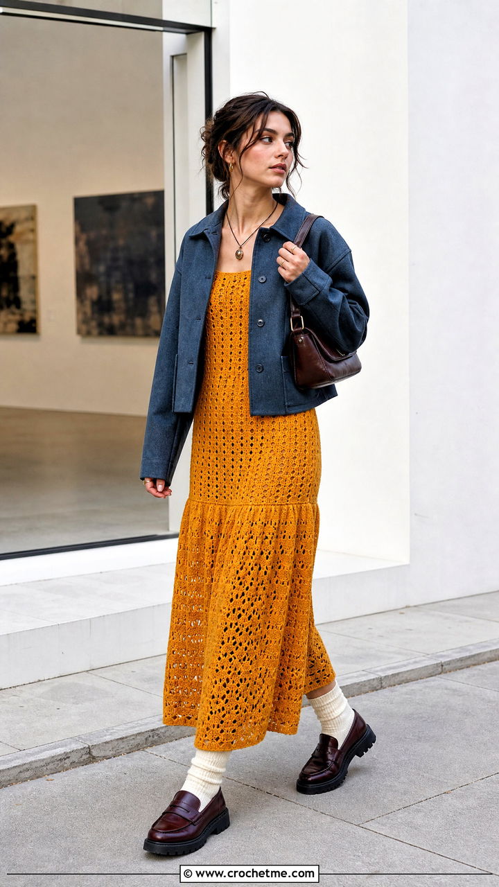 Drop Waist Crochet Dress With Chunky Loafers - 35 simple crochet dress women outfit ideas