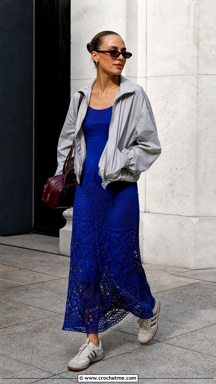 Drop Waist Crochet Dress With Retro Sneakers - 35 crocheted dress outfit ideas