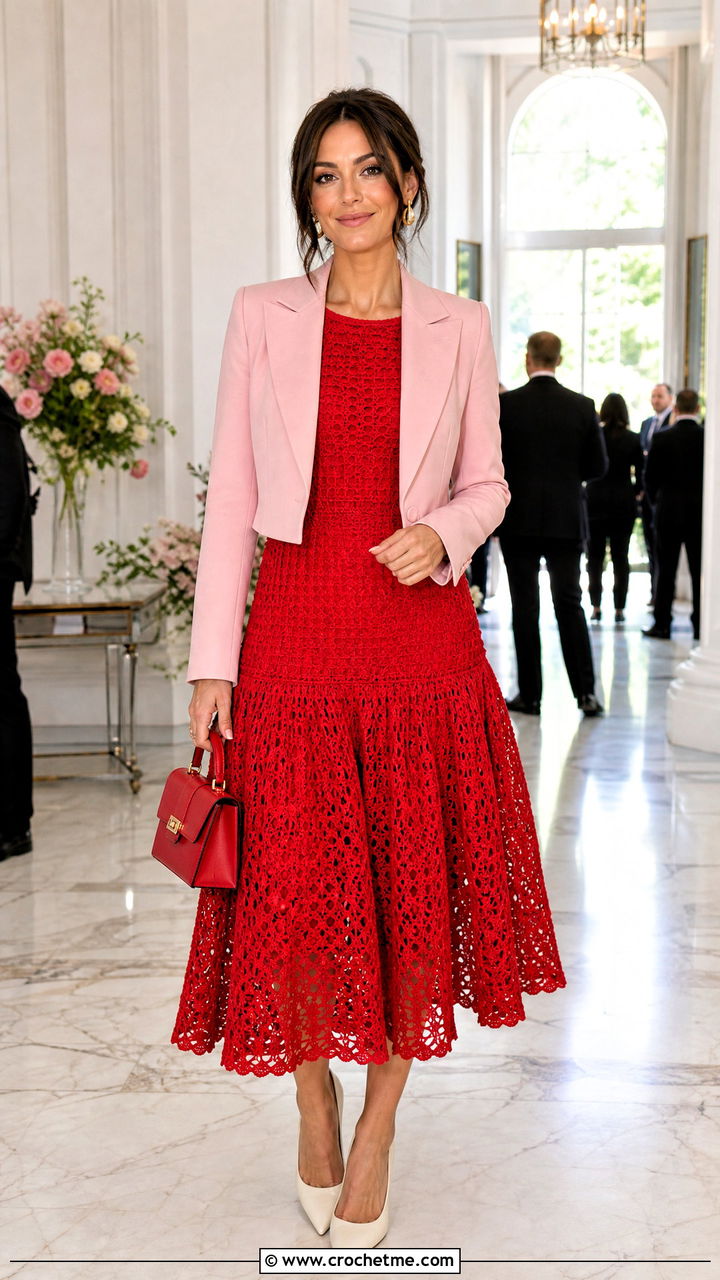 Drop Waist Crochet Formal Dress With Cropped Blazer - 35 crochet formal dress outfit ideas