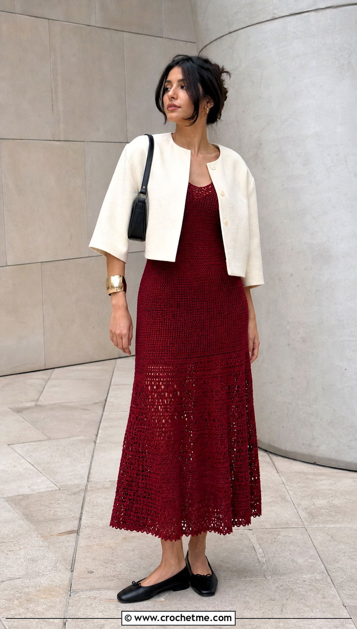 Drop Waist Crochet Frock With Ballet Flats - 35 crochet frock outfit ideas