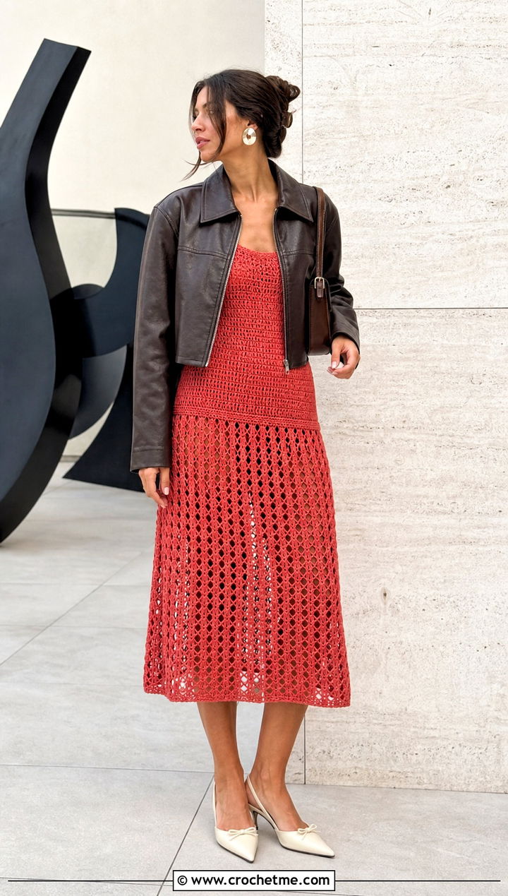 Drop Waist Crochet Knit Midi Dress With Leather Jacket - 35 Crochet Knit Dress outfit ideas