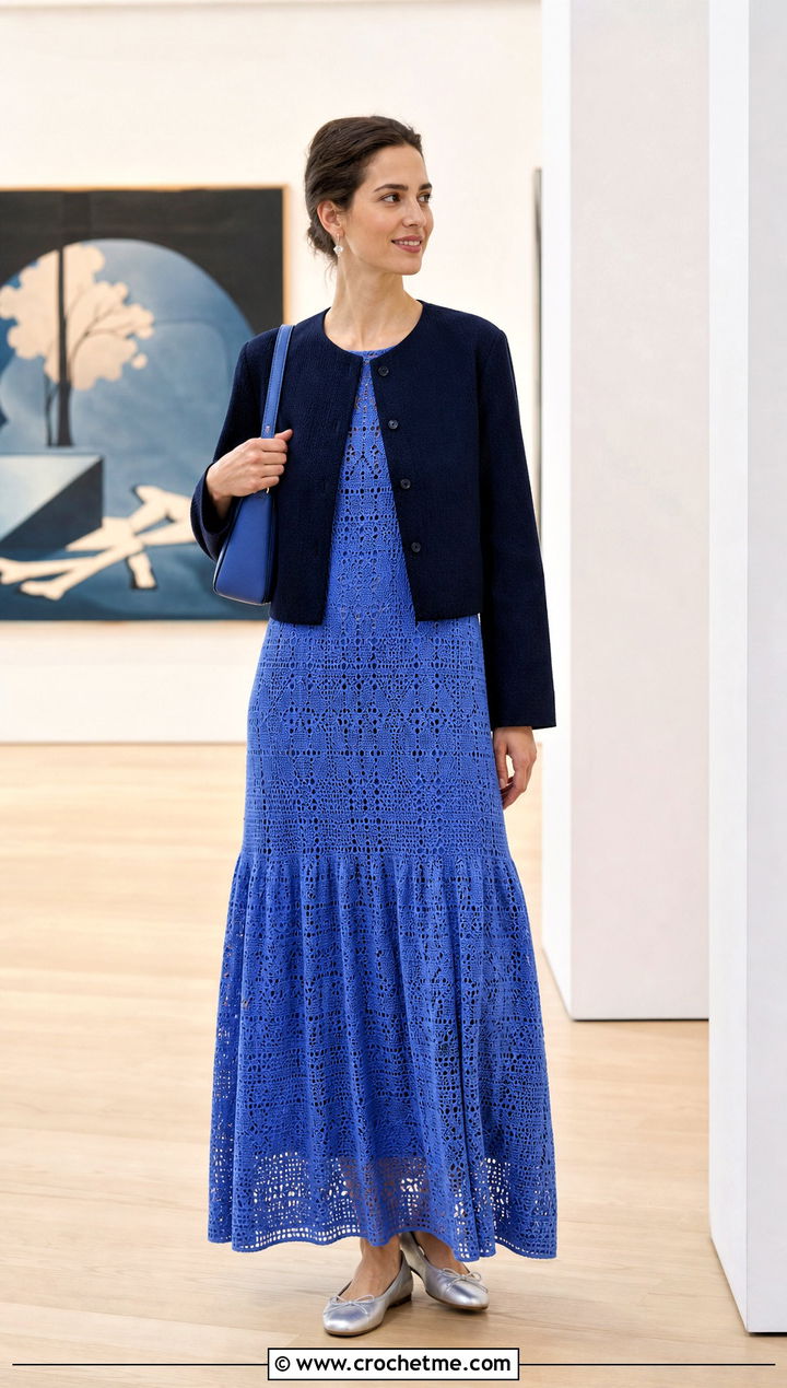 Drop Waist Crochet Long Dress With Ballet Flats - 35 crochet long dress outfit ideas