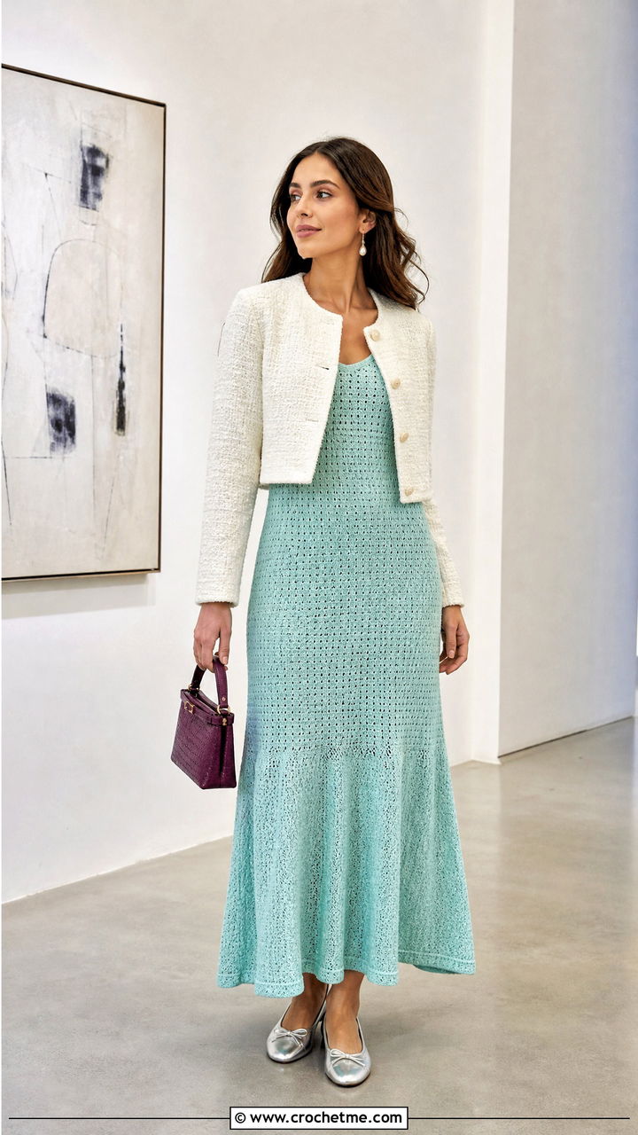 Drop Waist Crochet Maxi Dress With Ballet Flats - 35 Crochet Maxi Dress outfit ideas