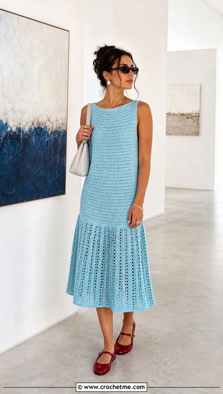 Drop Waist Crochet Midi Dress With Mary Janes - 30 women crochet summer dress outfit ideas