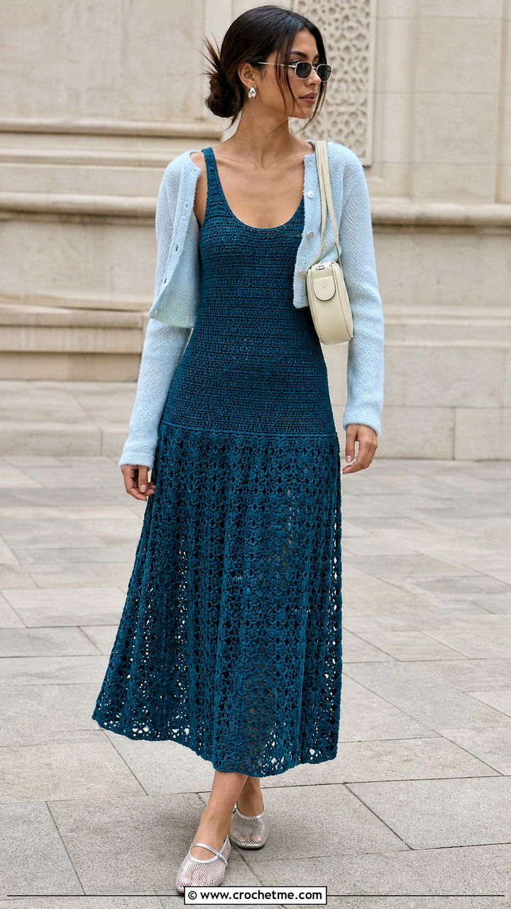 Drop Waist Crochet Midi Sundress With Mesh Flats - 35 crochet sundress outfit ideas