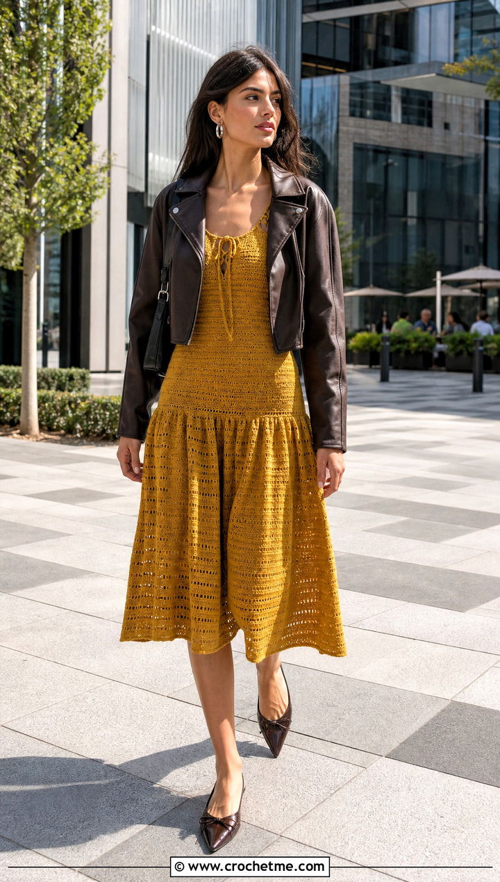 Drop Waist Crochet Milkmaid Dress With Moto Jacket - 30 crochet milkmaid dress outfit ideas