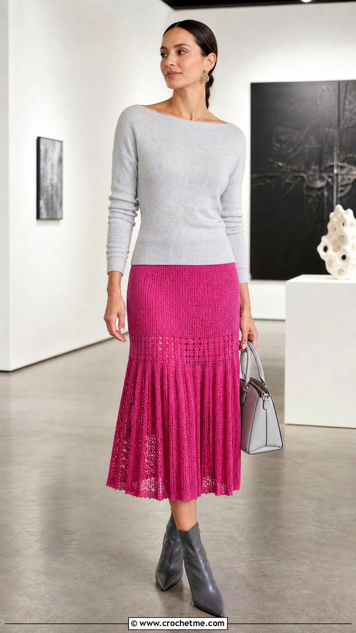 Drop Waist Crochet Pleated Midi Skirt With Fitted Knit Top - 35 crochet pleated skirt outfit ideas