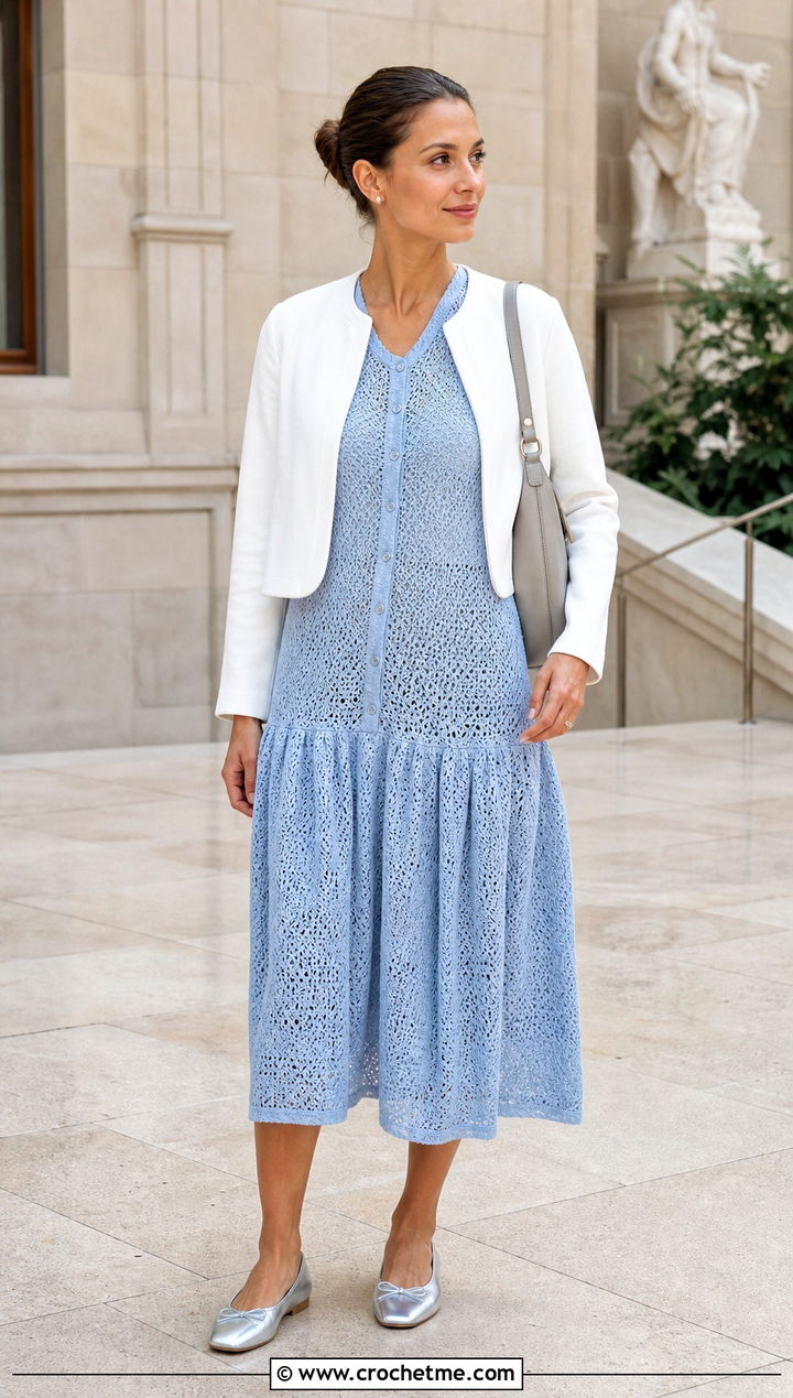 Drop Waist Crochet Shirt Dress With Ballet Flats - 35 crochet shirt dress outfit ideas