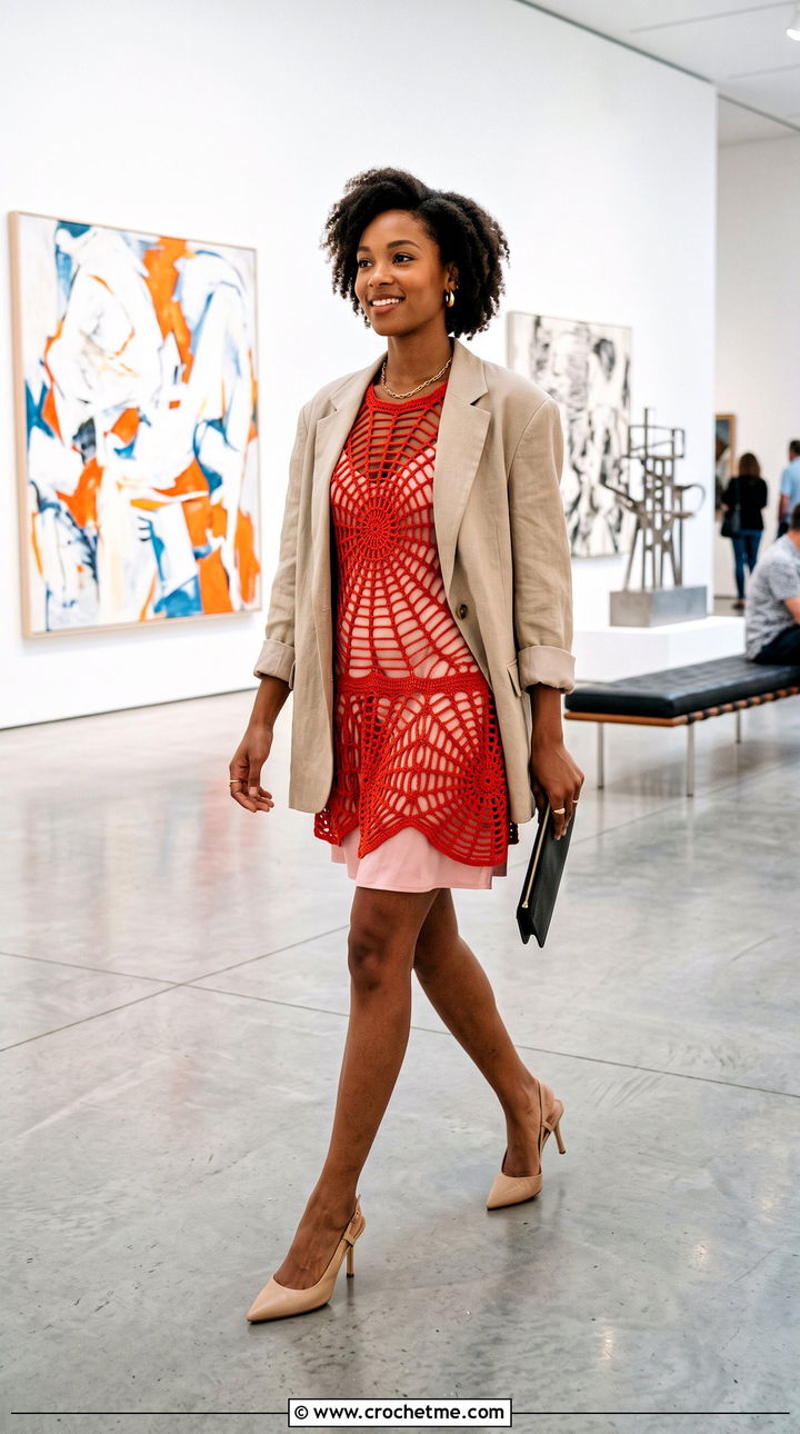 Drop Waist Crochet Spider Web Mini Dress With Blazer - 30 crochet spider web dress outfit ideas