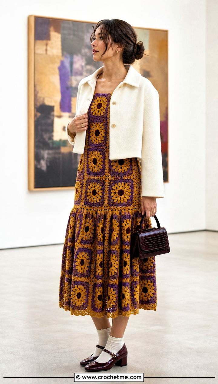 Drop Waist Crochet Sunflower Midi Dress With Mary Janes - 35 crochet sunflower dress outfit ideas