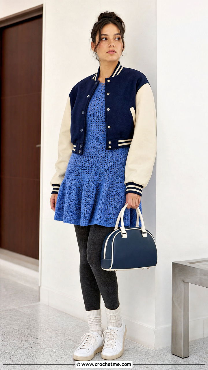 Drop Waist Crochet Winter Dress With Varsity Jacket - 35 crochet winter dress outfit ideas