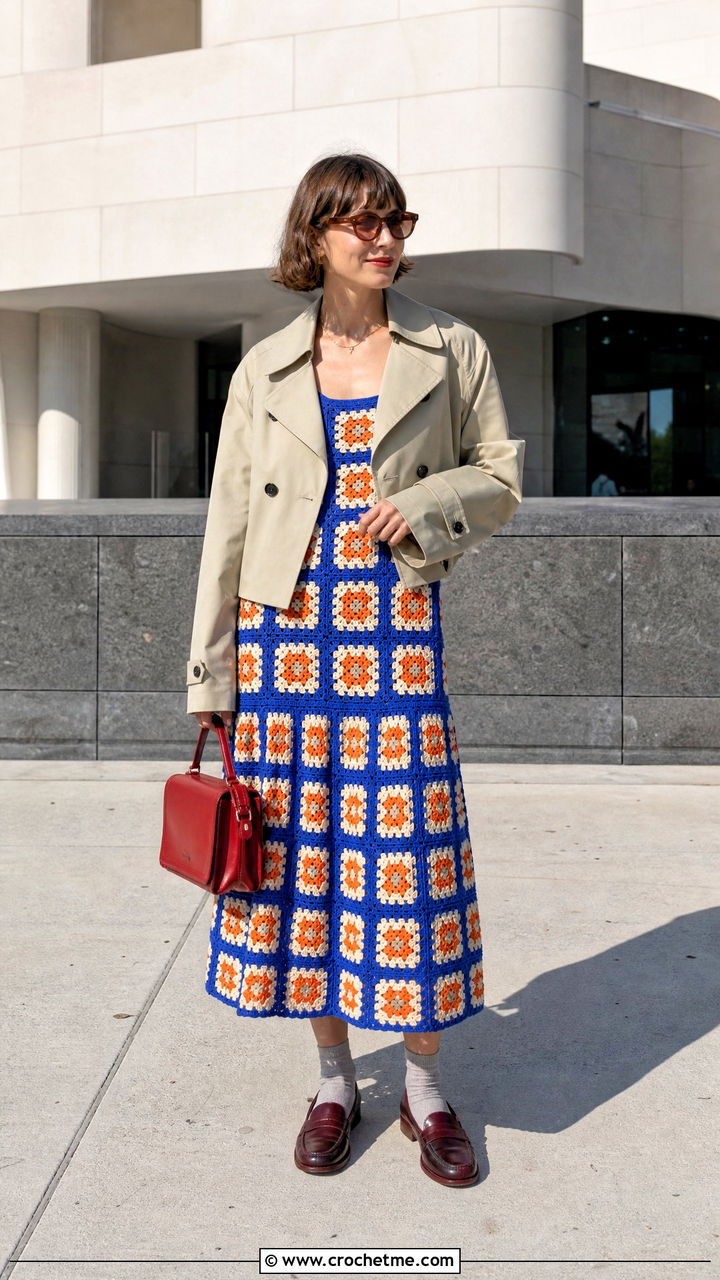 Drop Waist Granny Square Dress With Penny Loafers - 35 crochet granny square dress outfit ideas