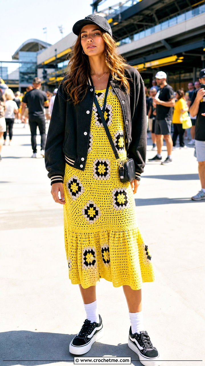 Drop Waist Granny Square Dress With Varsity Jacket And Sneakers - 35 granny square dress outfit ideas