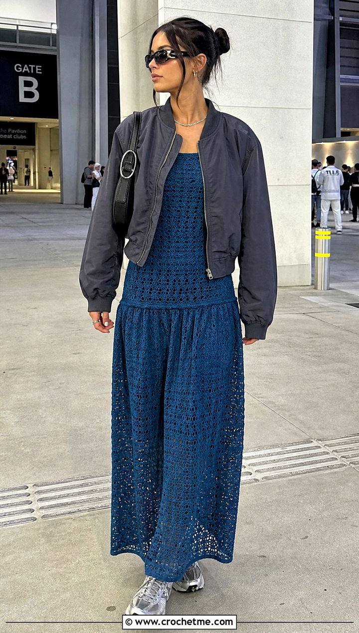 Drop Waist Long Crochet Dress With Bomber Jacket - 35 Long Crochet Dress outfit ideas