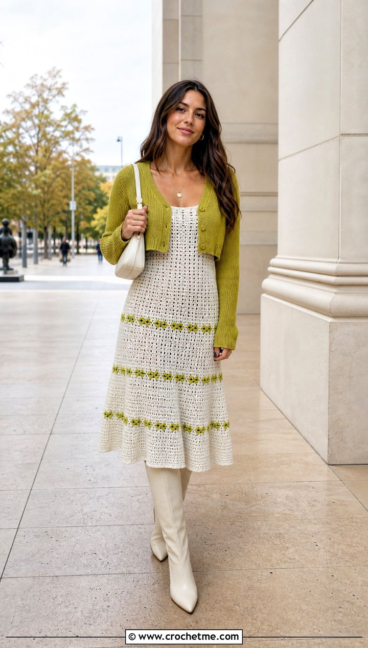 Drop Waist White Crochet Midi Dress With Cardigan And Boots - 20 White Crochet Midi Dress outfit ideas