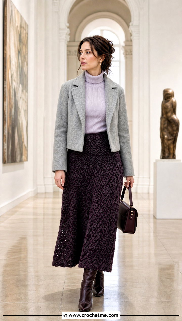 Drop Waist Zigzag Maxi Skirt With Fitted Turtleneck - 15 crochet zigzag skirt outfit ideas