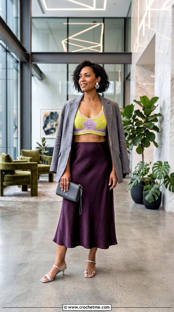 Dual Tone Crochet Star Bra With Satin Skirt - 30 crochet star bra outfit ideas