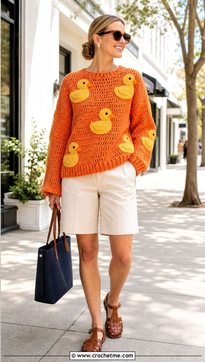 Duck Crochet Character Sweater With Bermuda Shorts - 20 Crochet Character Sweater outfit ideas