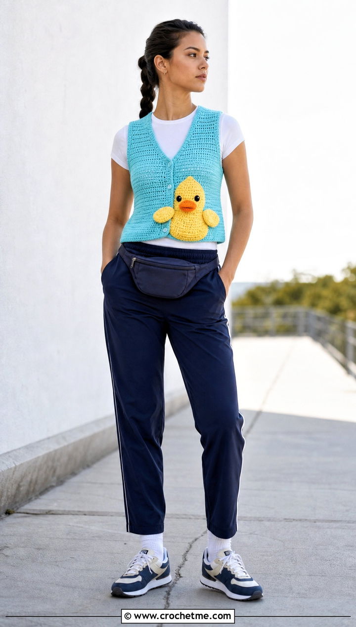 Duck Pocket Crochet Amigurumi Vest With Track Pants - 15 Crochet Amigurumi Vest outfit ideas