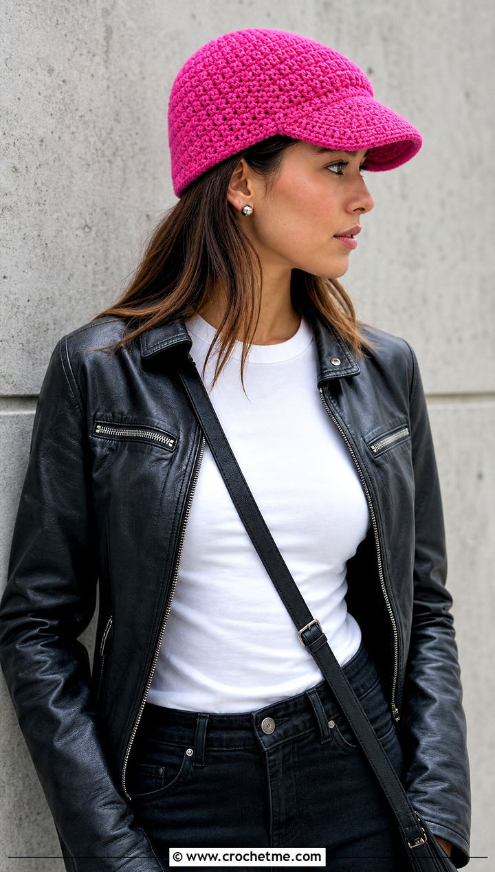 Duckbill Crochet Flat Cap With Leather Jacket And Black Jeans - 25 crochet flat cap outfit ideas