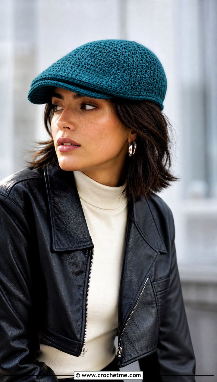 Duckbill Crochet Scally Cap With Leather Jacket And Trousers - 25 Crochet Scally Cap outfit ideas