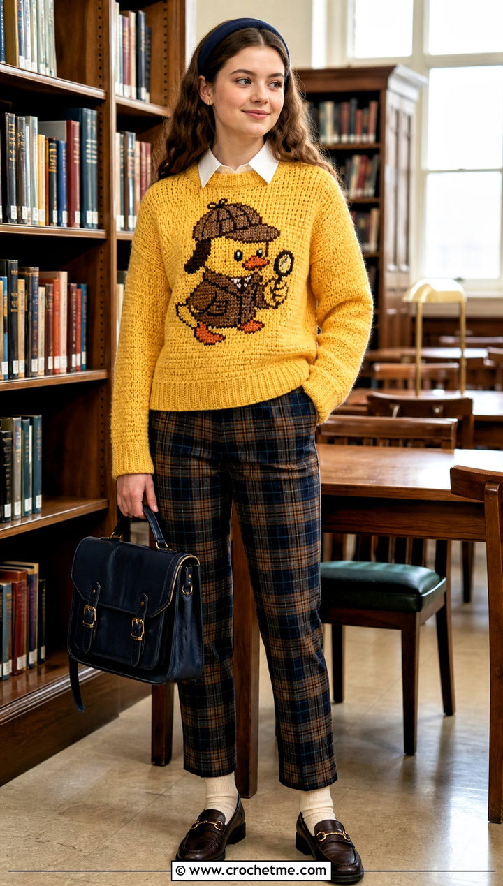 Ducktective Crochet Mabel Pines Sweater With Plaid Trousers - 30 crochet mabel pines sweater outfit ideas
