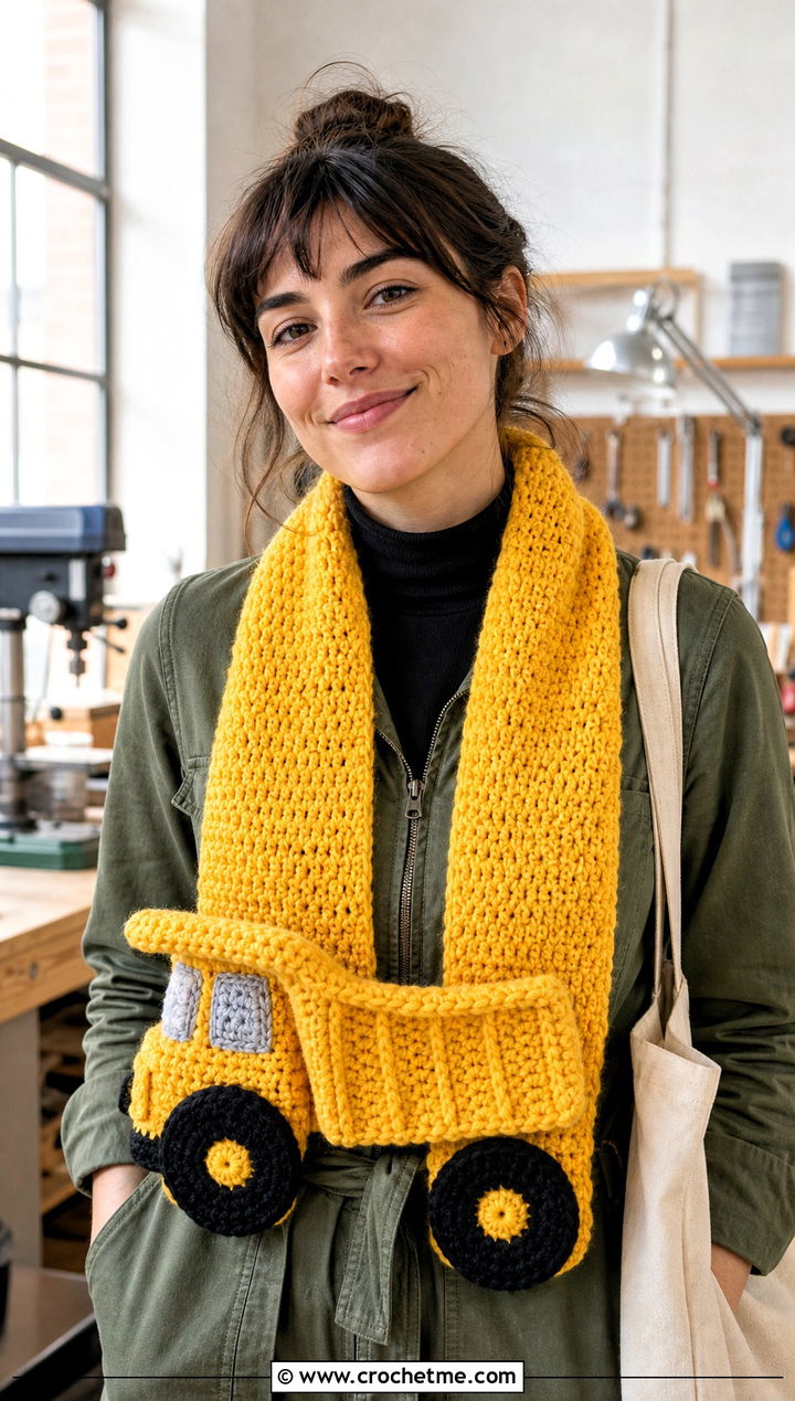 Dump Truck Crochet Scarf With Utility Jumpsuit - 20 Crochet Truck Scarf outfit ideas