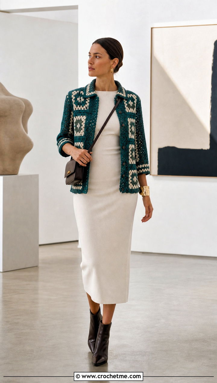 Duotone Bode Crochet Overshirt With Column Dress - 20 Bode Crochet Shirt outfit ideas