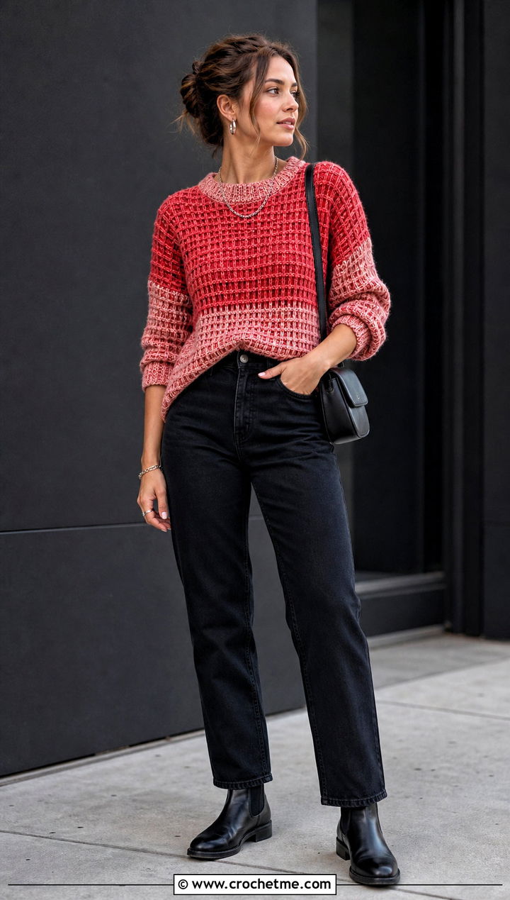 Duotone Smock Stitch Tunisian Crochet Pullover With Black Jeans - 25 Tunisian Crochet Pullover outfit ideas