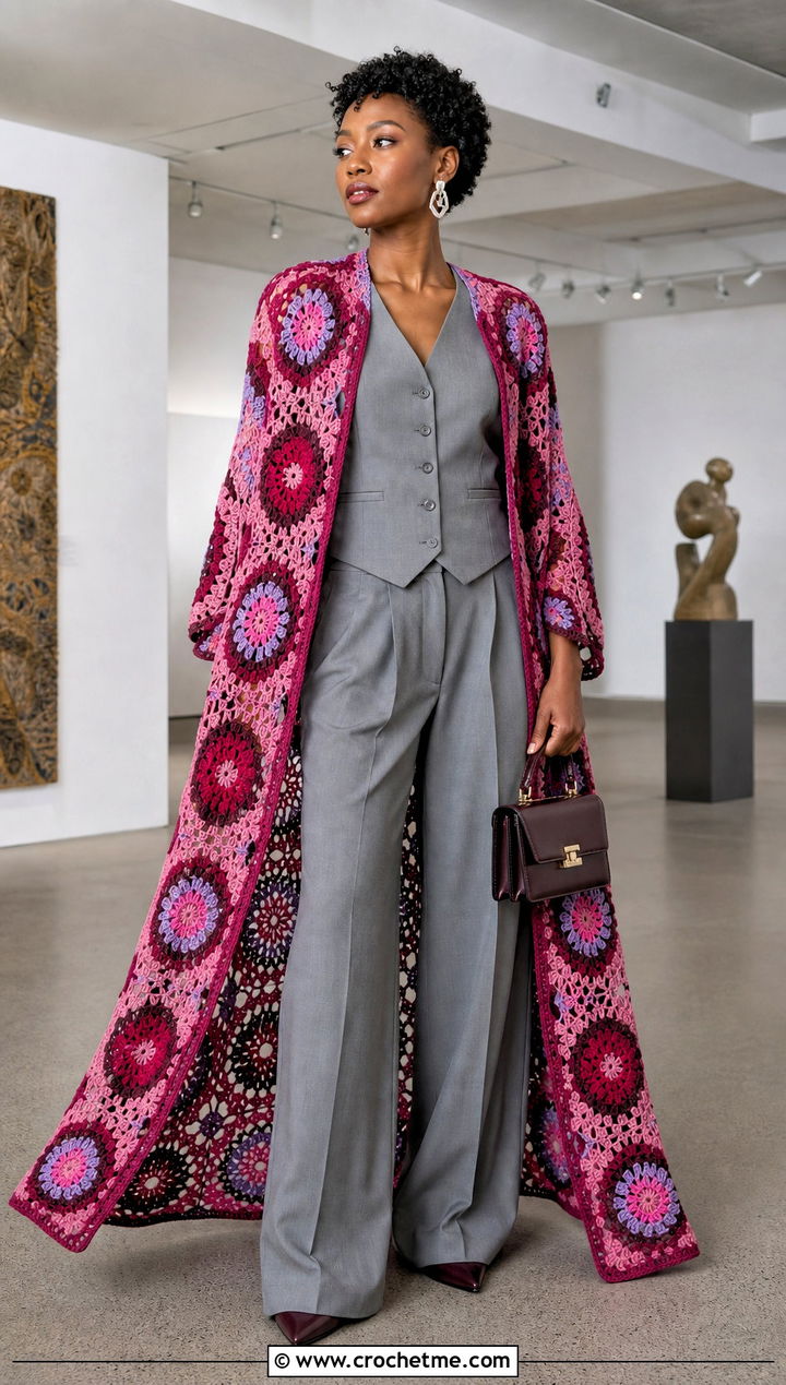 Duster African Flower Crochet Cardigan With Vest And Trousers - 30 african flower crochet cardigan outfit ideas
