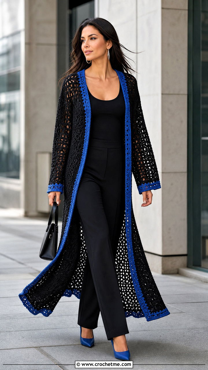 Duster Black Crochet Cardigan With Monochrome Outfit - 35 black crochet cardigan outfit ideas
